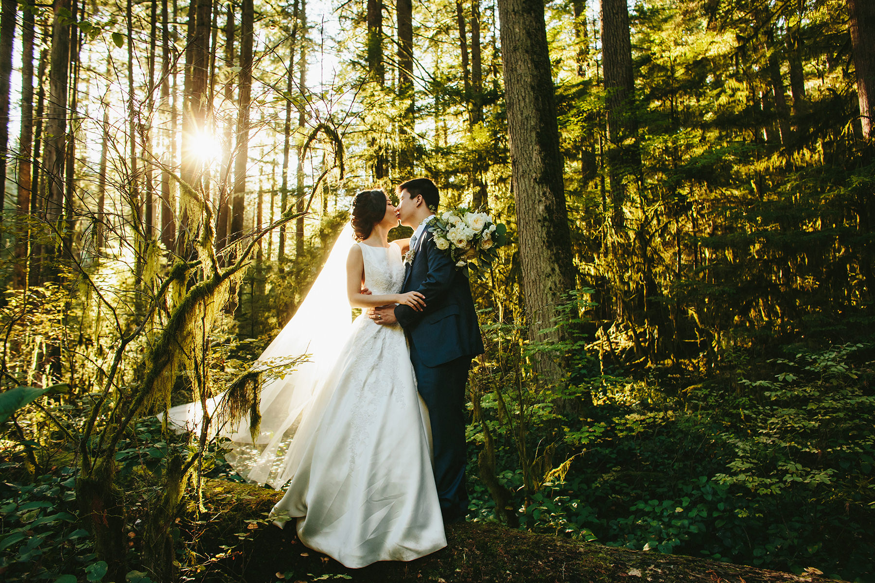 a couple kisses in a wedding portrait in the rain forest near Vancouver, BC www.lucida-photography.com