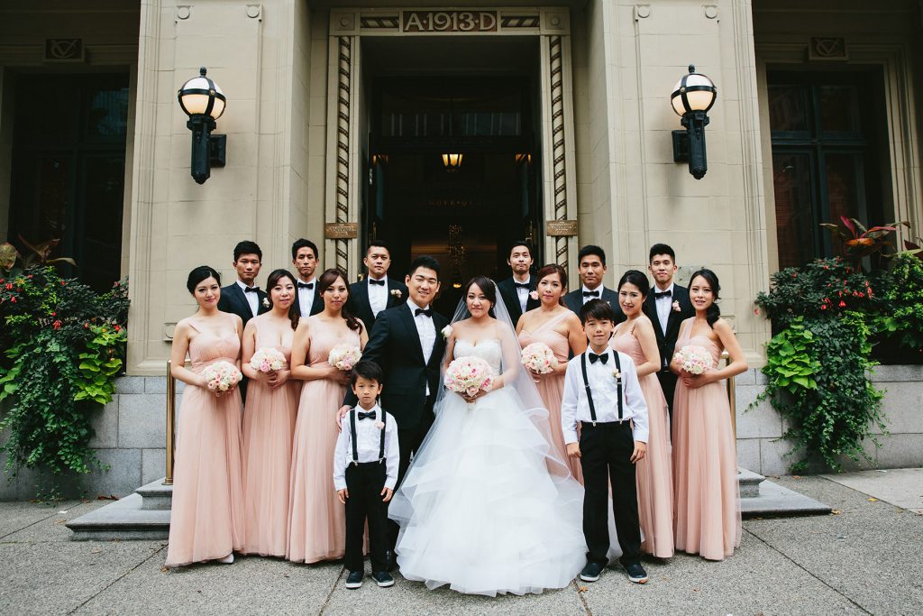 international bridal party at destination wedding on the steps of the vancouver club www.lucida-photography.com